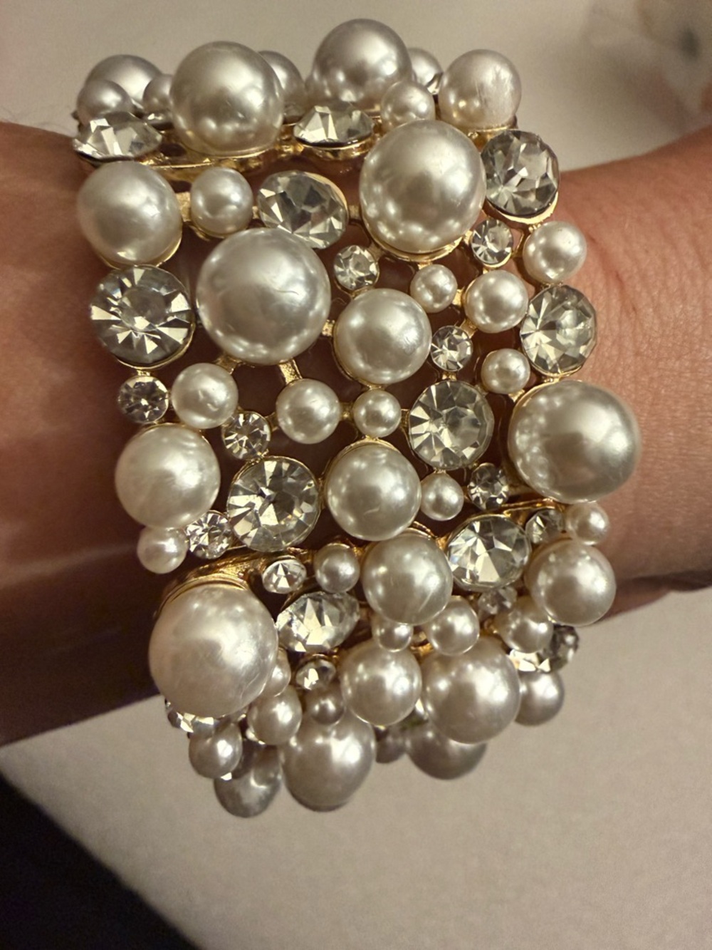 Stunning Pearl and Rhinestone Statement Stretch Cuff Bracelet - Wedding/Bridal
